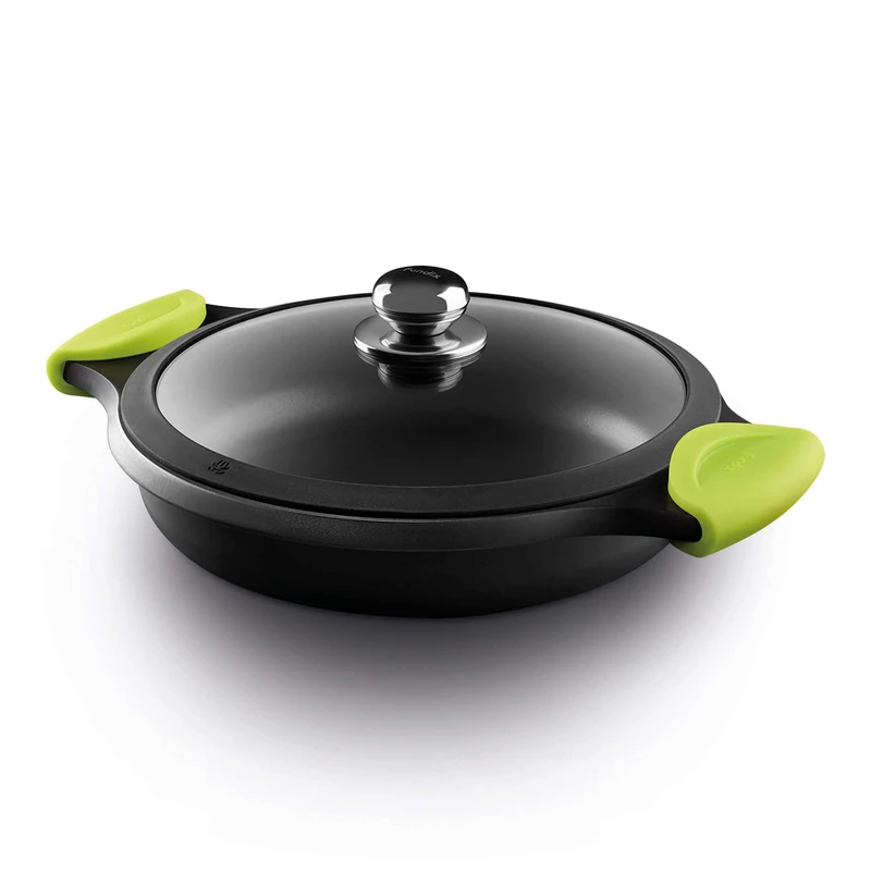 Castey F3-IR24 Induction Shallow Casserole with Tempered Glass Lid and Silicone Side Handles, 24 cm, Cast Aluminium, Black, 19 x 24 x 6 cm