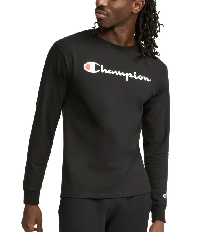 Champion Men's Graphic Classic Jersey Ls Tee T-Shirt, Black Script, Medium