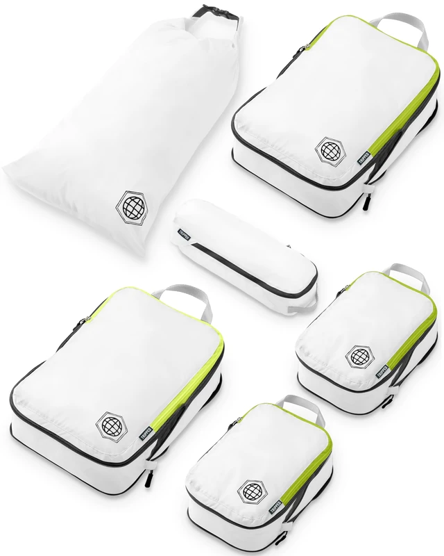 Compression Packing Cubes Set for Carryon Travel-Lightweight Durable Luggage Organizer Bags by TRIPPED Travel Gear (6 Piece, White/Green)