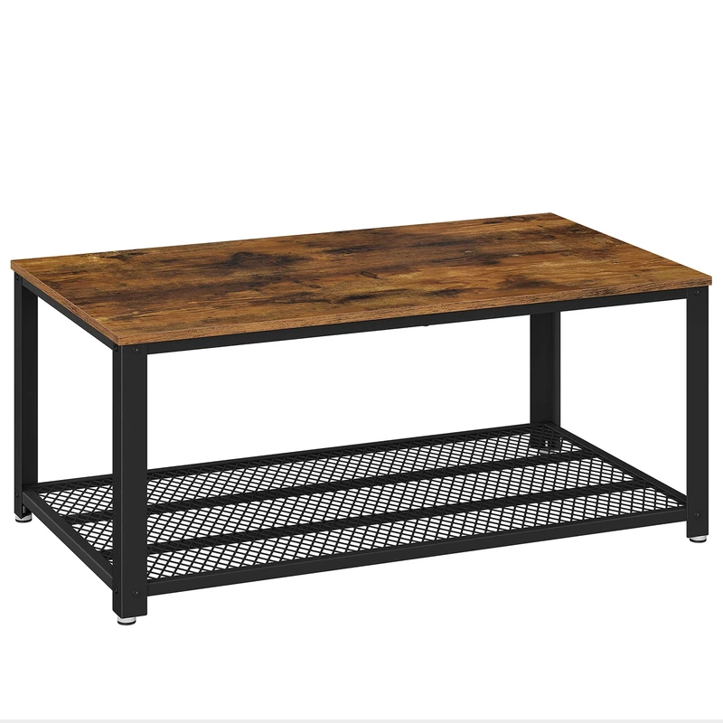 VASAGLE 2-Tier Coffee Table, Rectangular Living Room Table with Mesh Shelf, Industrial Style, Steel Frame, Easy Assembly, for Living Room, Bedroom, Rustic Brown and Black LCT61X