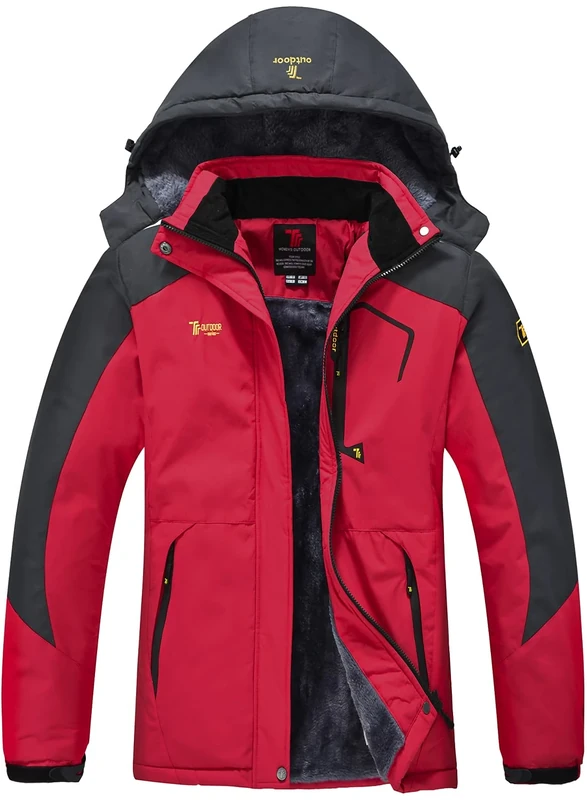 donhobo Womens Waterproof Jacket Winter Warm Fleece with Hood Windproof Camping Hiking Coat(Red,L)