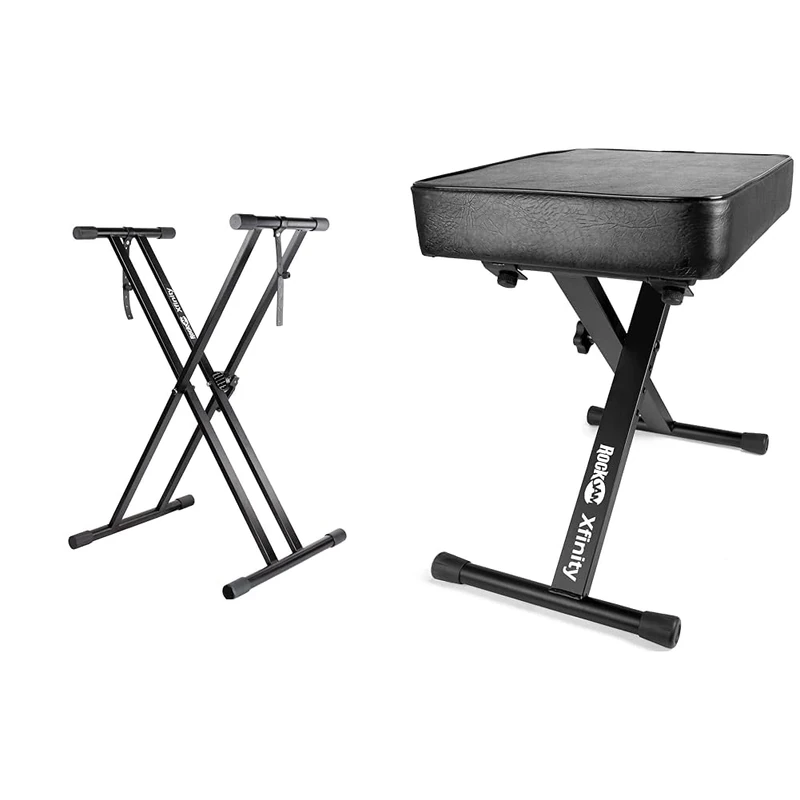 Rockjam Xfinity Doublebraced Pre Assembled Keyboard Stand with Locking Straps & Premium Adjustable Padded Keyboard Bench or Digital Piano Stool