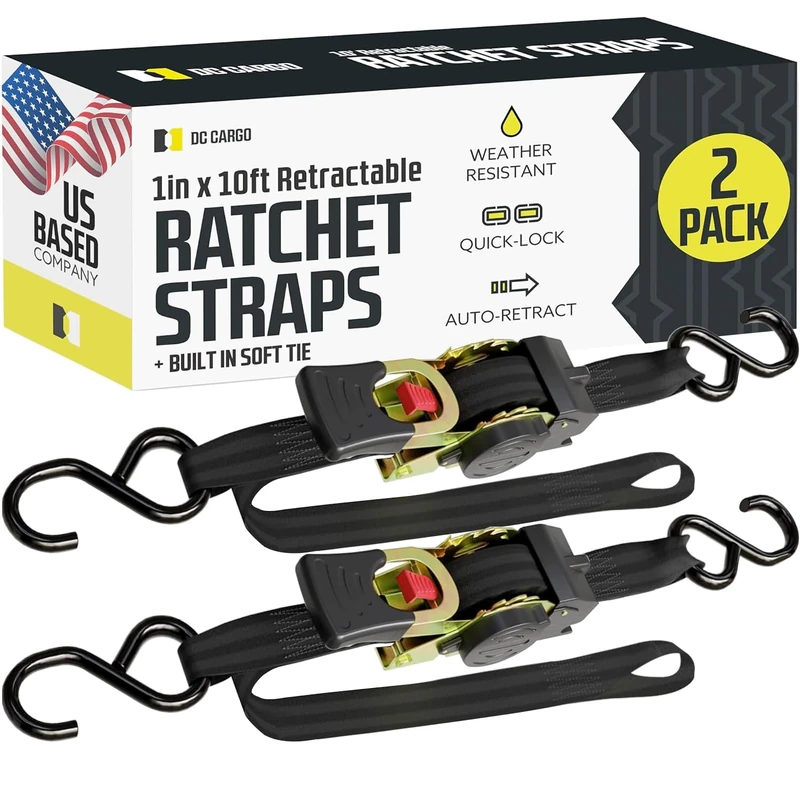 DC Cargo Auto Retractable Ratchets Straps Heavy Duty (w Soft tie)- 2 Pack 1" x 10' - SELF-CONTAINED Cargo Strap Tiedowns for Motorcycles, ATVs, Bikes, Boats: Tight & Secure Pickup Trailer Tie Down