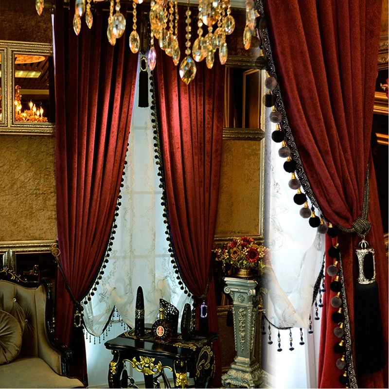 Luxury Pom Poms Curtain for Living Room Blackout Velvet 2 Panels Curtains Set Luxury Tassel Bedroom Curtains (Burgundy, (50W×84L)×2)