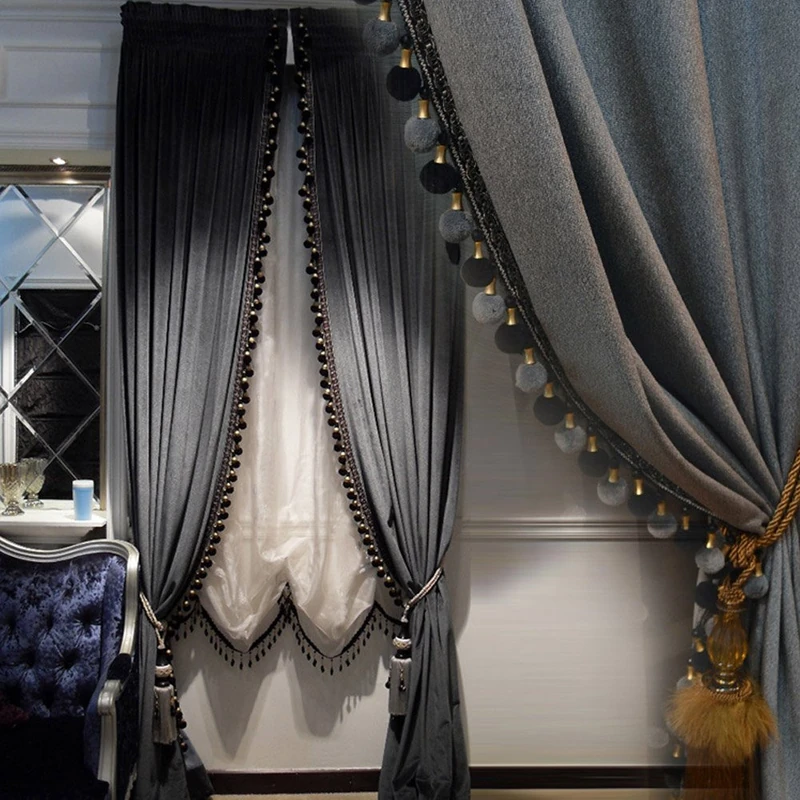 Luxury Curtain for Living Room Blackout Velvet 2 Panels Curtains Set Luxury Tassel Bedroom Curtains (Iron-Grey, (50W×96L)×2) - Image 1