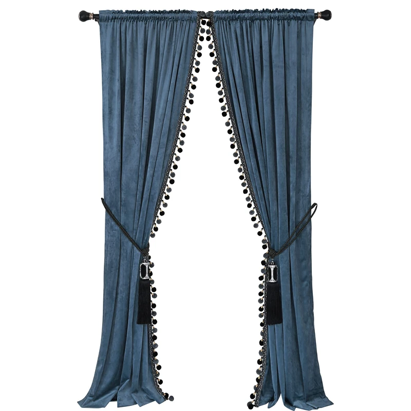 Luxury Pom Poms Curtain for Living Room Blackout Velvet 2 Panels Curtains Set Luxury Tassel Bedroom Curtains(Grey-Blue, （50W×84L）×2)