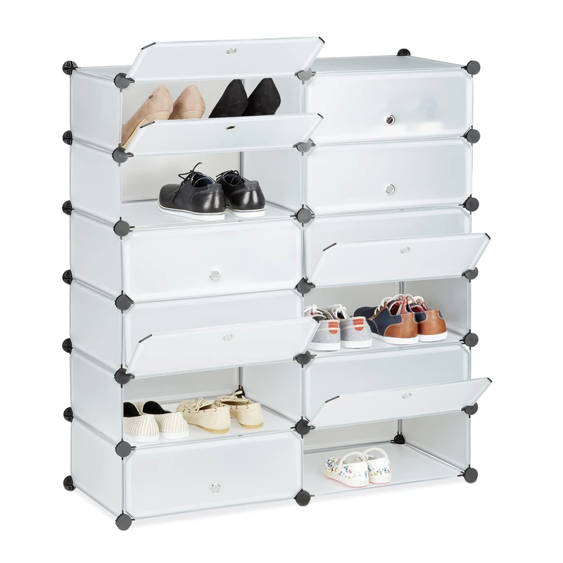 Relaxdays Plastic Shoe Cabinet, Shoe Rack, 12 Compartment Shelving Unit, HWD: 108 x 94 x 37 cm, Transparent