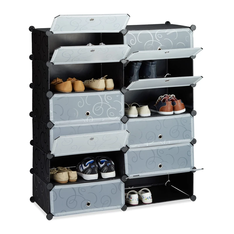 Relaxdays Plastic Shoe Cabinet, Shoe Rack, 12 Compartment Shelving Unit, HWD: 108 x 94 x 37 cm, Black