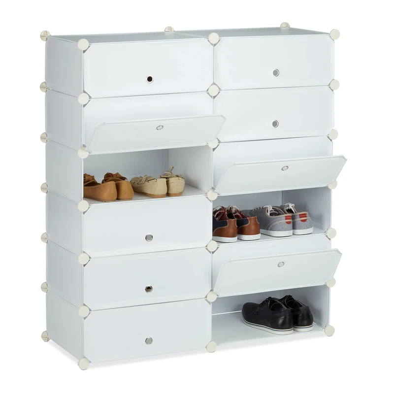Relaxdays Plastic Shoe Cabinet, Shoe Rack, 12 Compartment Shelving Unit, HWD: 108 x 94 x 37 cm, White