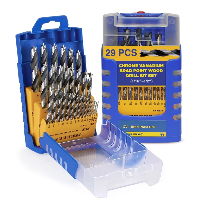 Fisch Chrome Vanadium Wood Brad Point Bits, 29-Piece Set, Imperial Sizes 1/16-1/2 Inches, FSF-364757