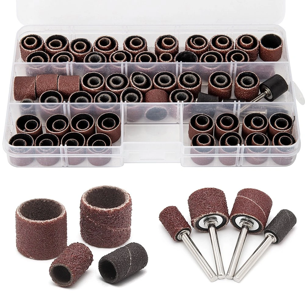 104Pcs Sanding Band Drum Sleeve 60 120 320 Grit 1/4" 1/2" Nail Drill Sander with 4 Drum Mandrel for Dremel Rotary Tool