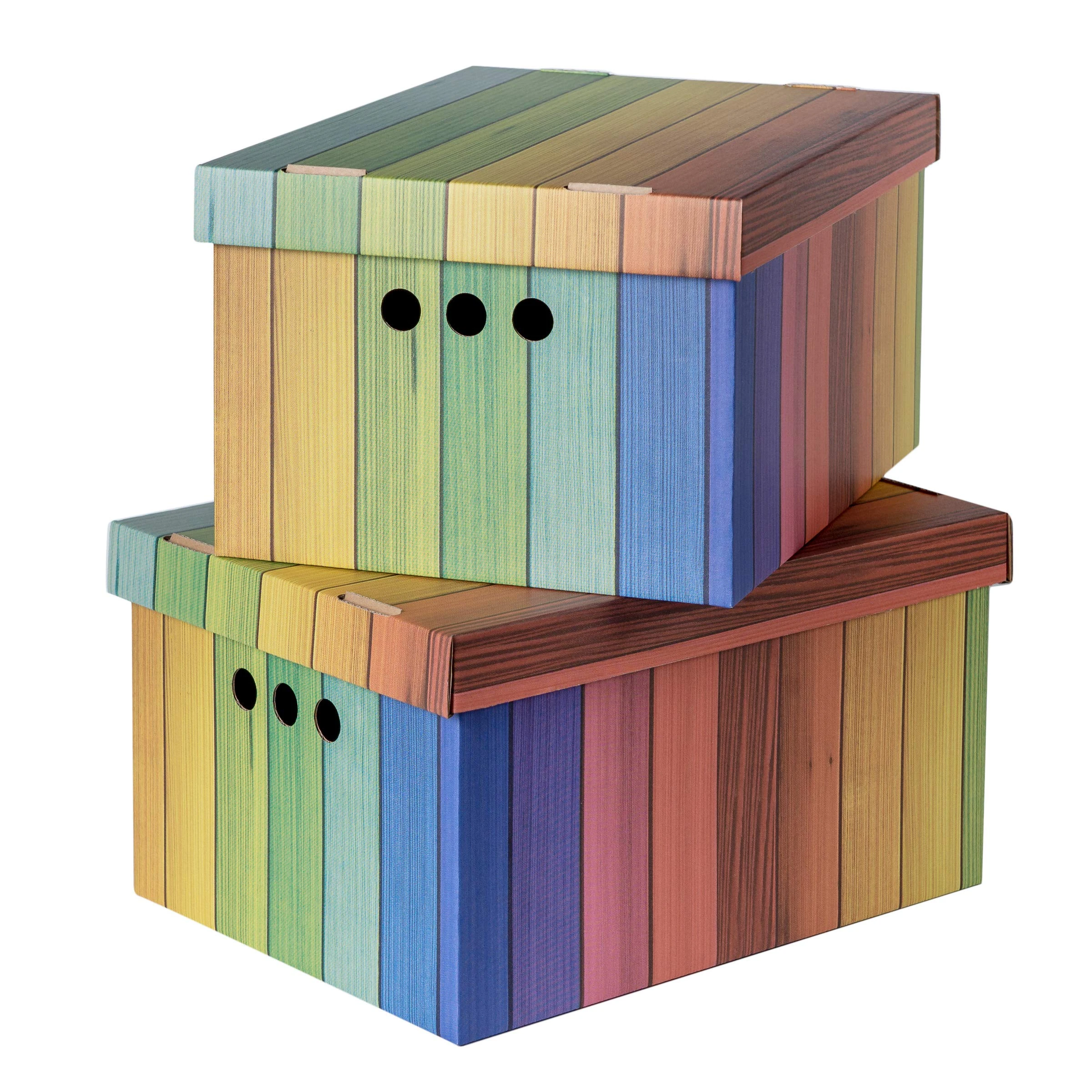 SOFTILLO Pack of 2 Decorative Storage Boxes With Lid - Home Office Bedroom Wardrobe Organiser for Multi-Use Storage - Large Rainbow Stylish Set