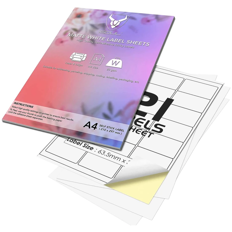 21 Per Page/Sheet, 1000 Sheets (21000 Sticky Label), iSOUL White Blank Matt Self-Adhesive A4 Address Shipping Labels Stickers, Laser Inkjet compatible L7160/J8160 Printer Paper 63.5 X 38.1 mm JAM FREE