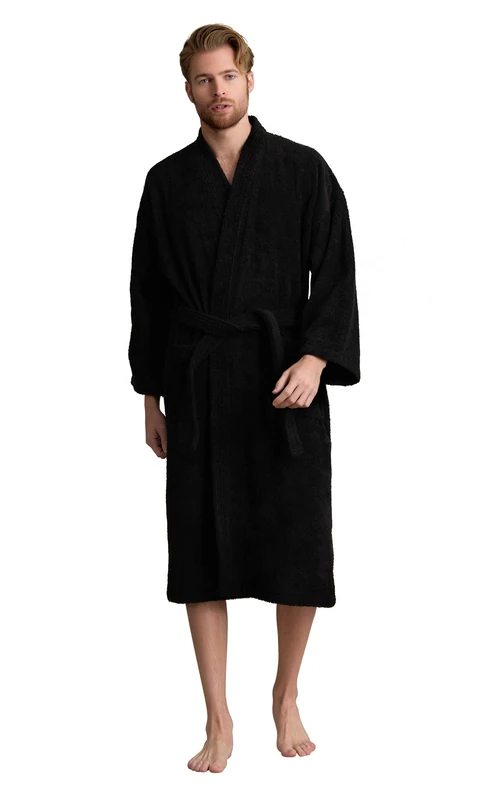 Soft Touch Linen Men's Robe, Turkish Terry Bathrobe, 100% Cotton Kimono Spa Bathrobe, Black, S