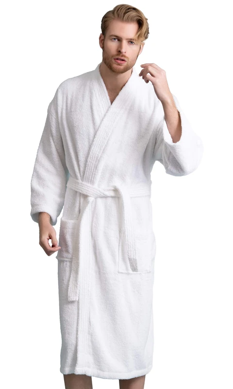 Soft Touch Linen Men's Robe, Turkish Terry Bathrobe, 100% Cotton Kimono Spa Bathrobe, White, Medium
