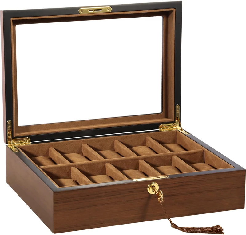Uten Watch Box 10 Slots, Solid Wood Watch Case, Watch Display Storage Box with Golden Lock and Key, Removable Watch Cushions, Imitation Suede Lining, Gift Idea for Men and Women