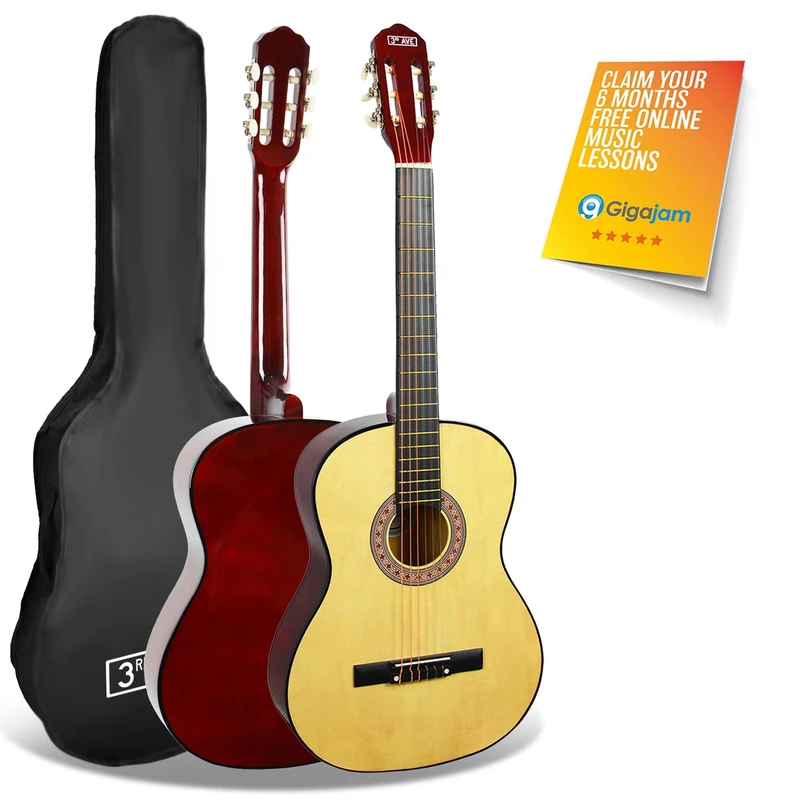 3rd Avenue 3/4 Size Junior Kids Classical Guitar Beginner Spanish Nylon Strings with 6 Months FREE Lessons, Carry Case – Natural