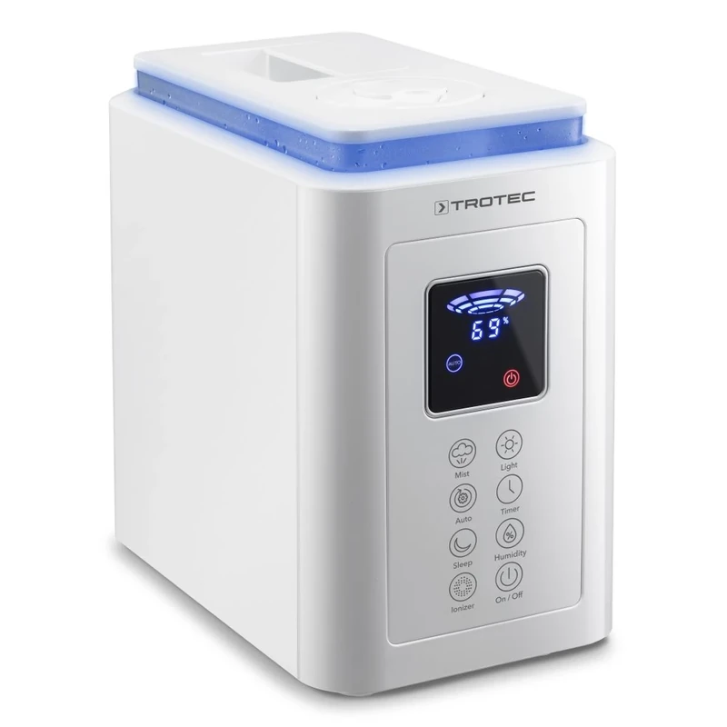 TROTEC Humidifier B 5 E - Ultrasonic Humidifier with Ioniser - Rooms up to 30 m² / 75 m³, with Timer, Air Purifier, 4 L Tank, Night Mode