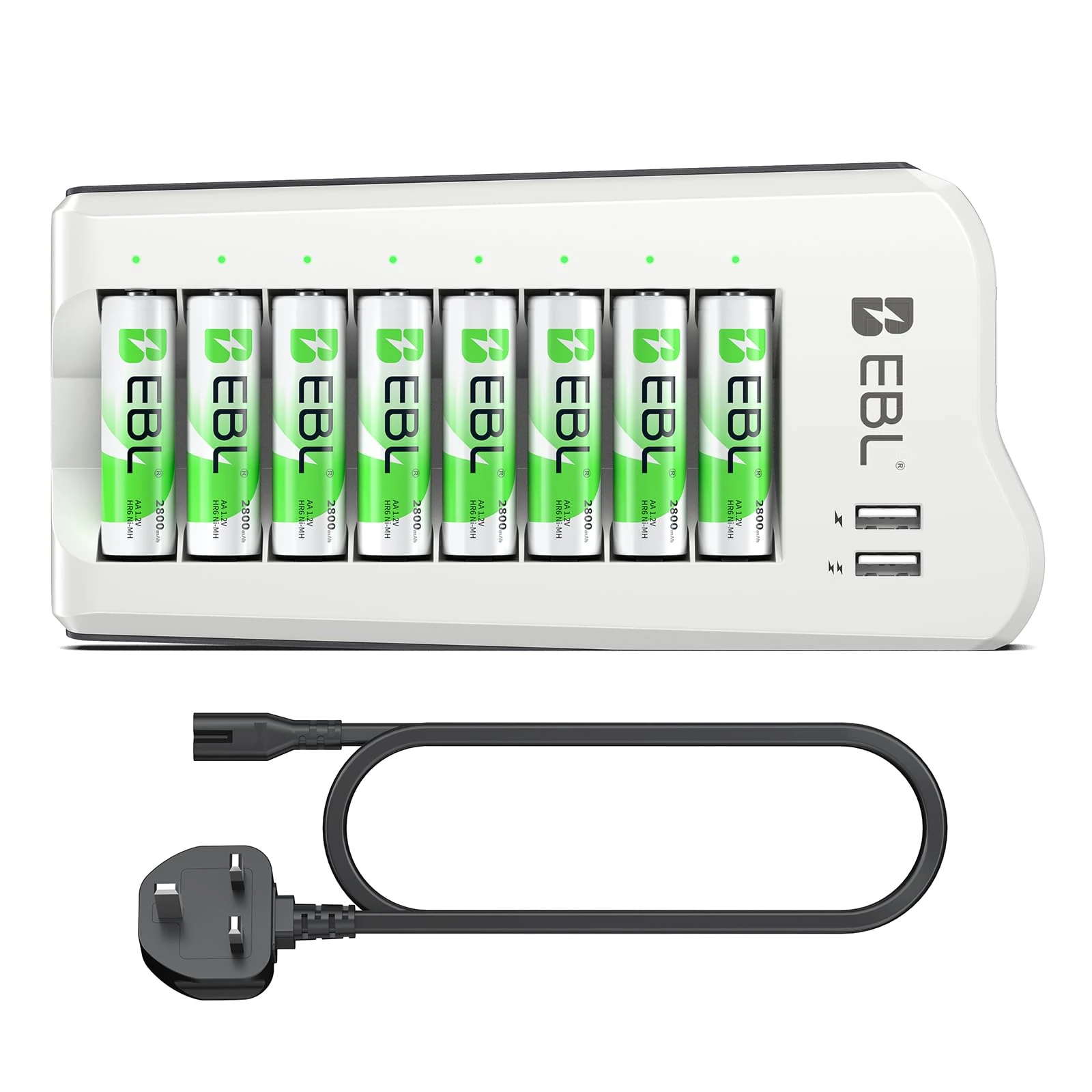 EBL Upgraded 8 Bays AA AAA Battery Charger with USB Ports and 8 Counts 2800mAh AA Batteries, Rechargeable Batteries and Charger Set