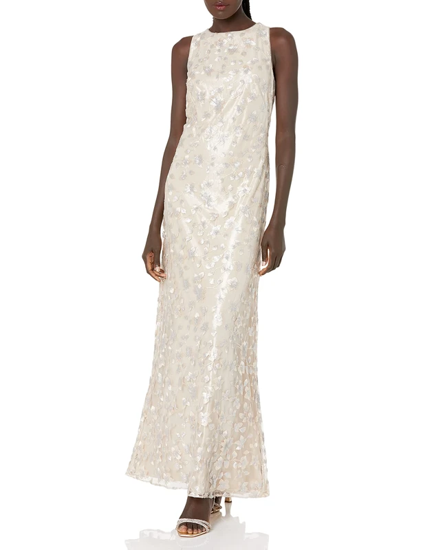 Dress the Population Women's Embellished Plunging Gown Sleeveless Long Dress, Mineral Blue Floral, M