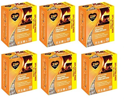 120 Pcs Zip Fast & Clean Wrapped Firelighters No mess, no smell, just light the wrapper Pack of 6