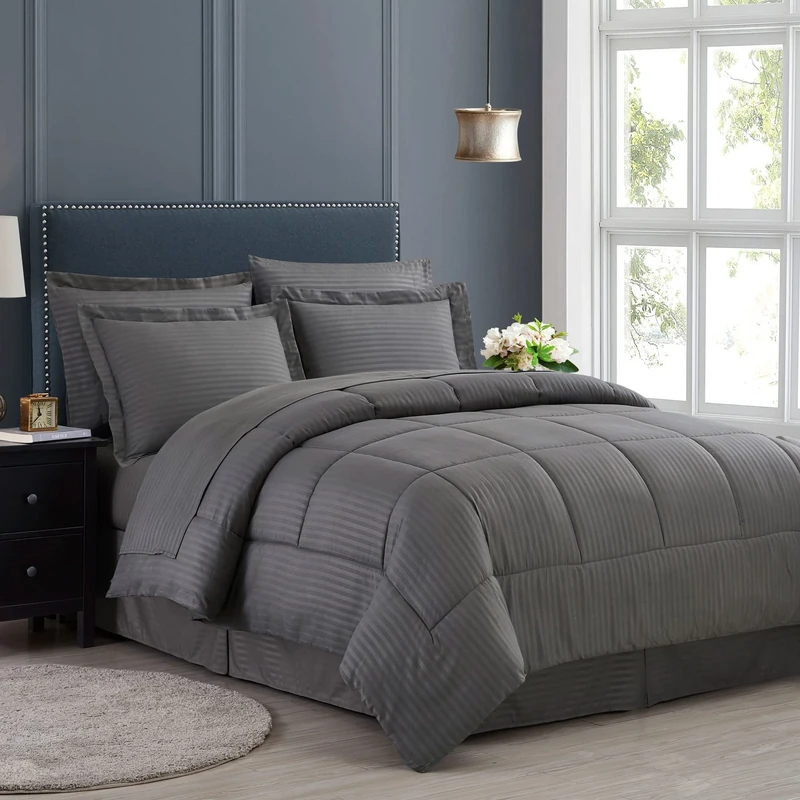 Sweet Home Collection 2 Pillowcases & 2 Shams & Bed Skirt All Season Warmth, Fine Double Brushed Microfiber/100% Fiber Fill, Dobby Gray, Twin