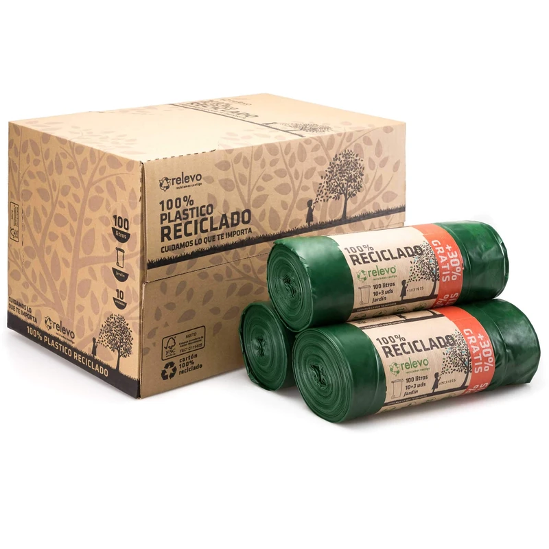 Relevo Green Drawstring Bin Bags - 100L (Width 85 cm x Height 105 cm), 156 Bags (12 Rolls × 13 Bags) | Extra Strong Bin Liners| 100% Recycled LDPE from Greenhouses | Blue Angel Certified