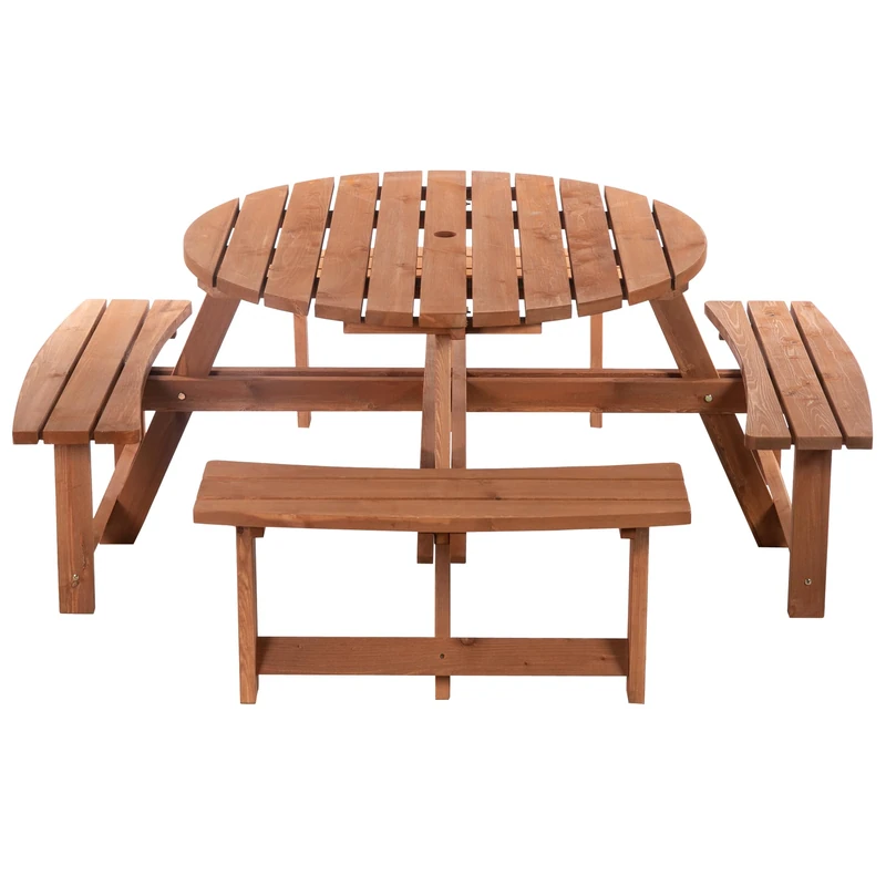 Outsunny 8 Seater Round Wooden Pub Bench Picnic Table Furniture Set for Outdoor Garden or Patio