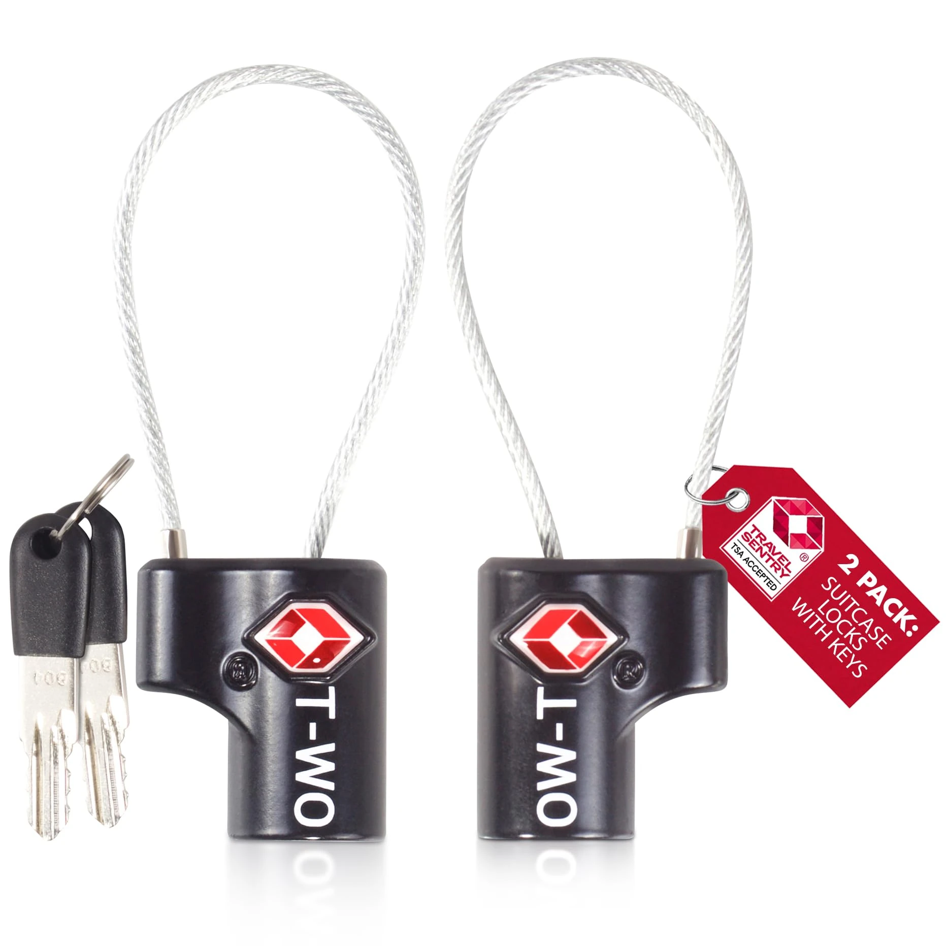 OW-Travel TSA Approved Luggage Locks Suitcase Locks (2 Pack) Cable Padlock with Keys Made from Heavy Duty Zinc Alloy for Suitcase, Zipper, Luggage, Bag, Case, Backpack, Gym Locker, Tool Box (Black)