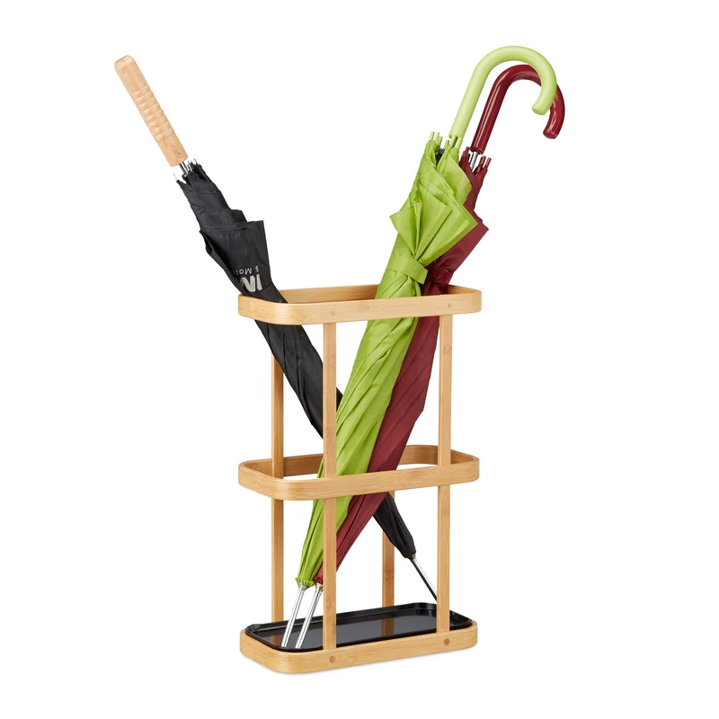 Relaxdays Bamboo Umbrella Stand, Wooden Cane Holder with Metal Drip Tray, HxWxD: 45 x 29.5 x 15 cm, Natural
