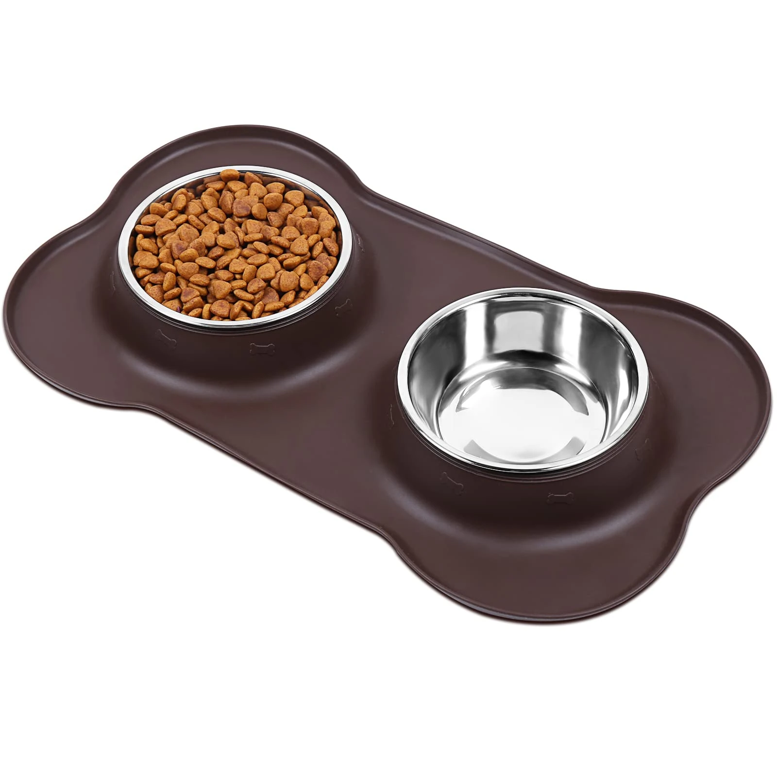 VIVAGLORY Dog Bowl Splashfree Pet Bowl, Dog Dish with Silicone Mat Placemat for Messy Eater, Double Stainless Steel Food Water Feeding Set Dishwasher Safe Spill Proof for Pet, S, Chocolate