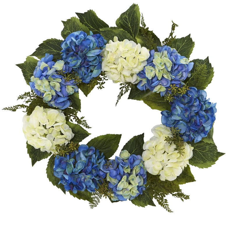 Nearly Natural Hydrangea Wreath, White,Green, 24"