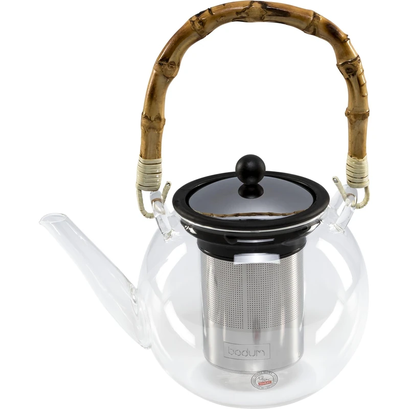 Bodum Piston Teapot, Stainless Steel Filter, Natural Bamboo Handle, Transparent, Glass, Bamboo, Stainless Steel, glass, Bambou, Transparent, Inox, 1 L