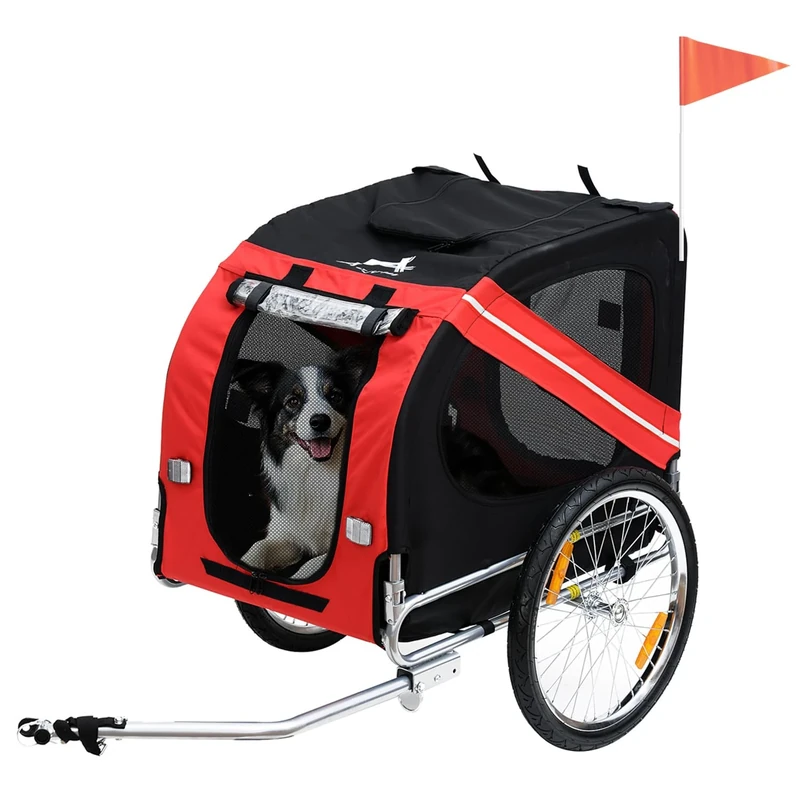 Pawhut Folding Dog Carrier Bicycle Pet Trailer in Steel Frame Stroller - Red & Black