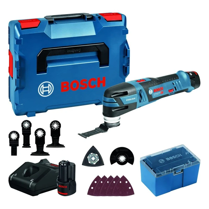 Bosch Professional 12V System GOP 12V-28 Cordless Multi-Cutter (Starlock Tool Holder, incl. 3.0X Ah Battery + Quick Charger, 1x Delta Sand. Plate, 5X Sand. Sheets, 3X Plunge Saw Blade, in L-BOXX 136)