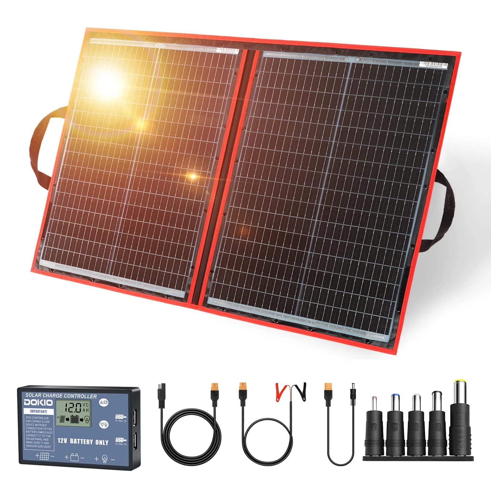 DOKIO 110W 18V Portable Foldable Solar Panel Kit (48 * 66cm, 2.4kg) Monocrystalline(HIGH Efficiency) with Controller 2 USB Output to Charge 12V Batteries (All Types: Vented AGM Gel) RV Camper Boat