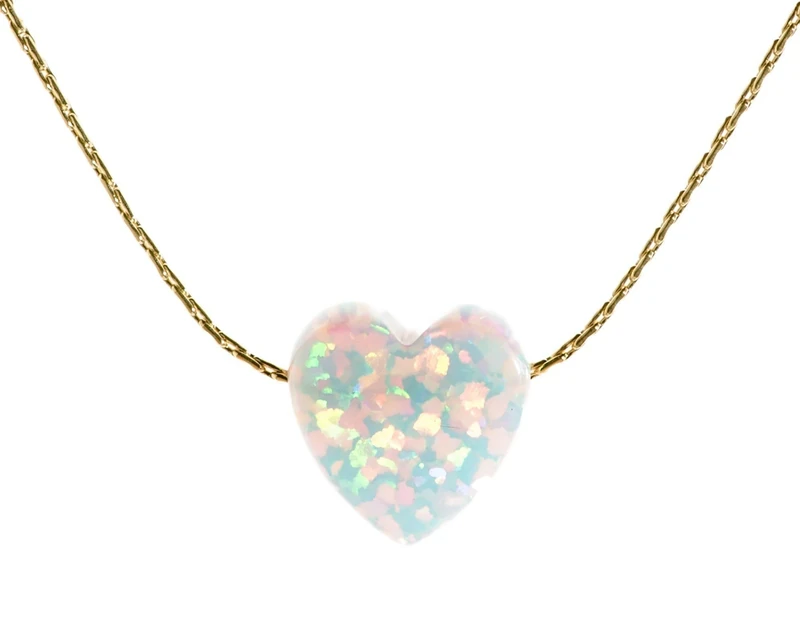 White Opal Heart Necklace Charm 14k Gold Filled cable-wire,Length 16 inch /41 cm+extender - Image 1