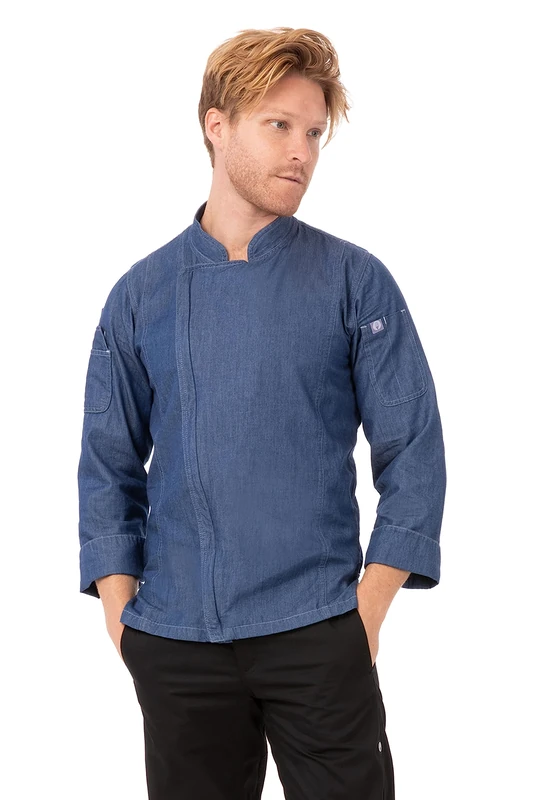 Chef Works Men's Gramercy Denim Chef Coat Jacket, Indigo Blue, L