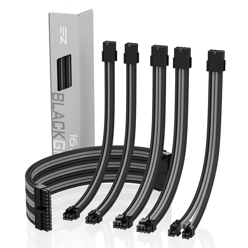EZDIY-FAB Sleeved Cable - Cable Extension for Power Supply with Extra Sleeved 24 PIN 8PIN 6PIN 4+4 PIN with Combs-Black Grey