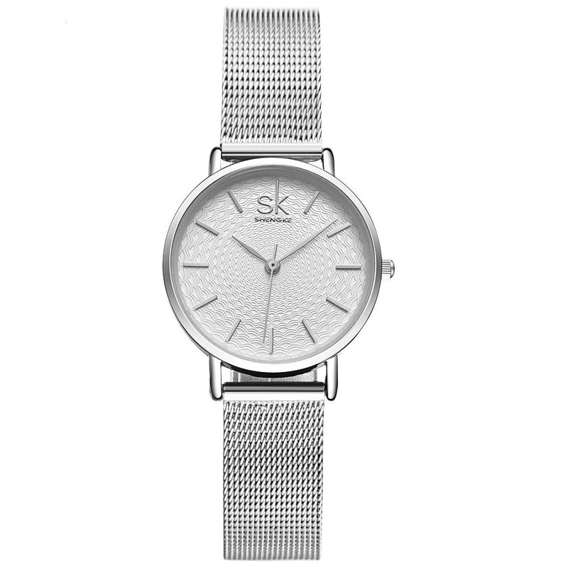 SHENGKE Creative Simplicity Women Watch Mesh Band Elegant Women Watches Ladies Business Wristwatch (K0006-silver-mesh Band)