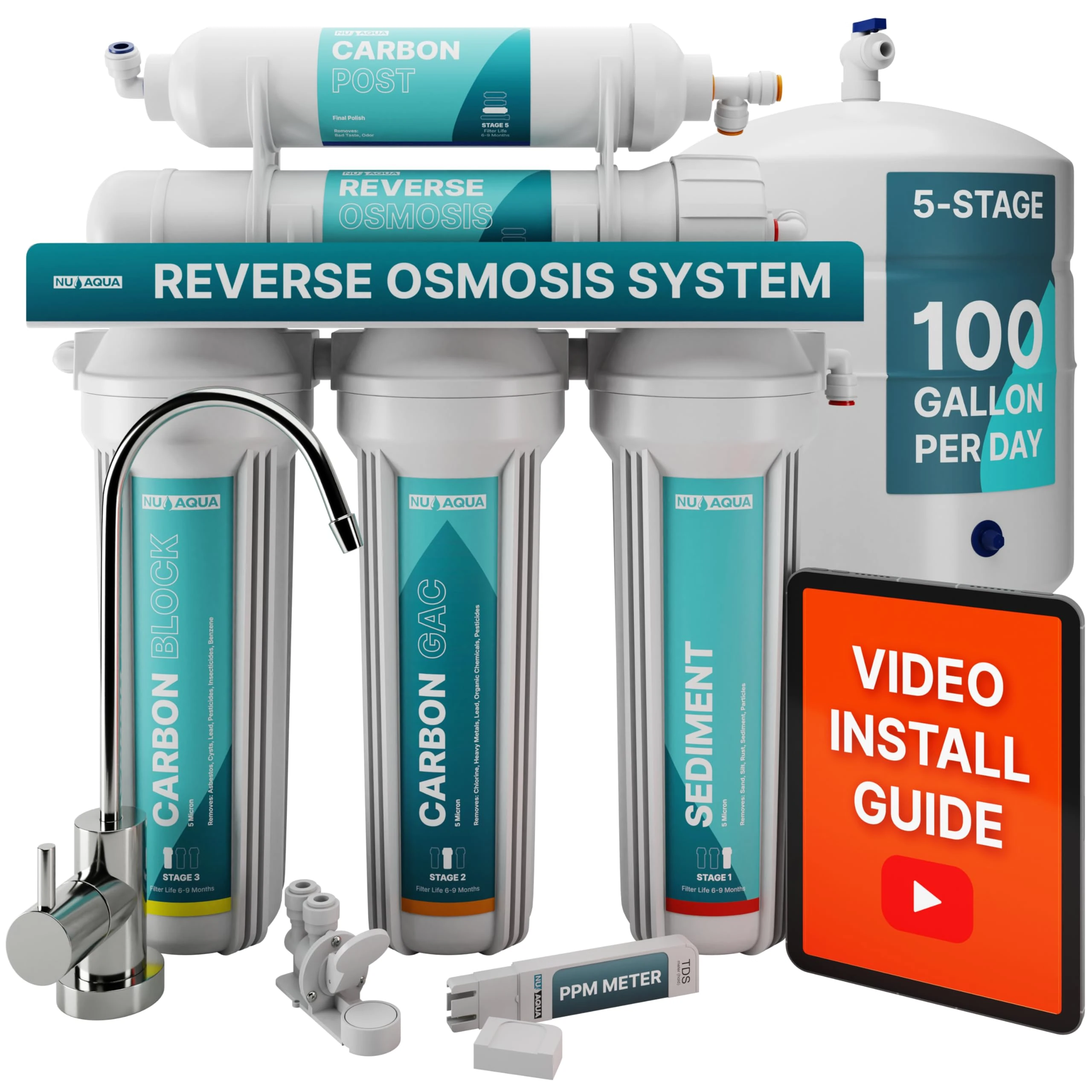 US Aqua Platinum Series Deluxe High Capacity 100GPD 5-Stage Under Sink Reverse Osmosis Ultimate Purifier Drinking Water Filter System - Free Bonus PPM Meter and Installation DVD