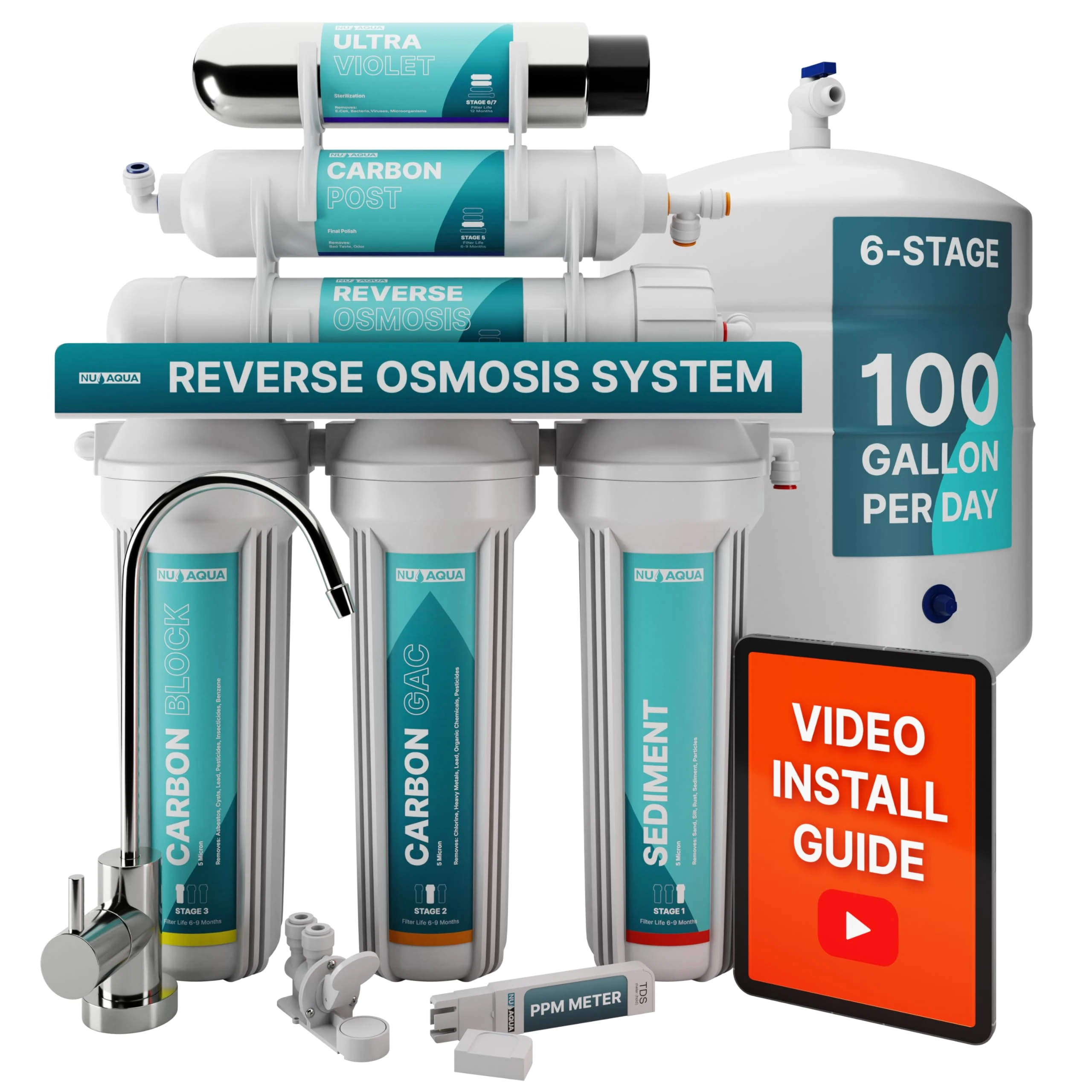 US Aqua Platinum Series High Capacity 100GPD 6-Stage UV Under Sink Reverse Osmosis Ultraviolet Sterilization Drinking Water Filter System - Free PPM Meter and Installation DVD