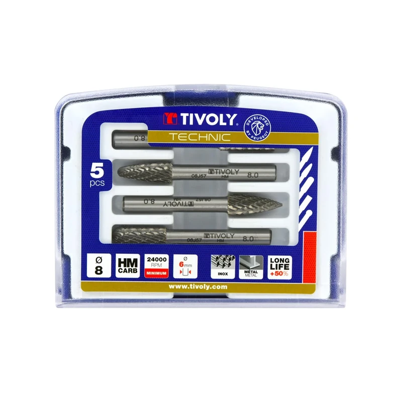 TIVOLY - Set of 5 Ø5/16’’ Burrs for Metal - Ø15/64’’ Cylindrical Shank - Tungsten Carbide Head - Chipbreaking Teeth