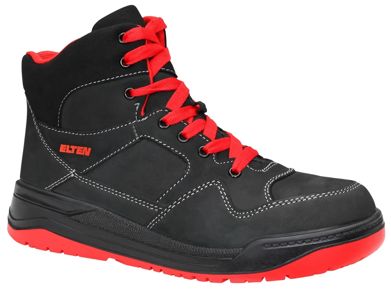 ELTEN Maverick Black-Red Cool Mid Safety Trainers in Basketball Style, Nubuck Leather, Steel Cap, Textile Lining