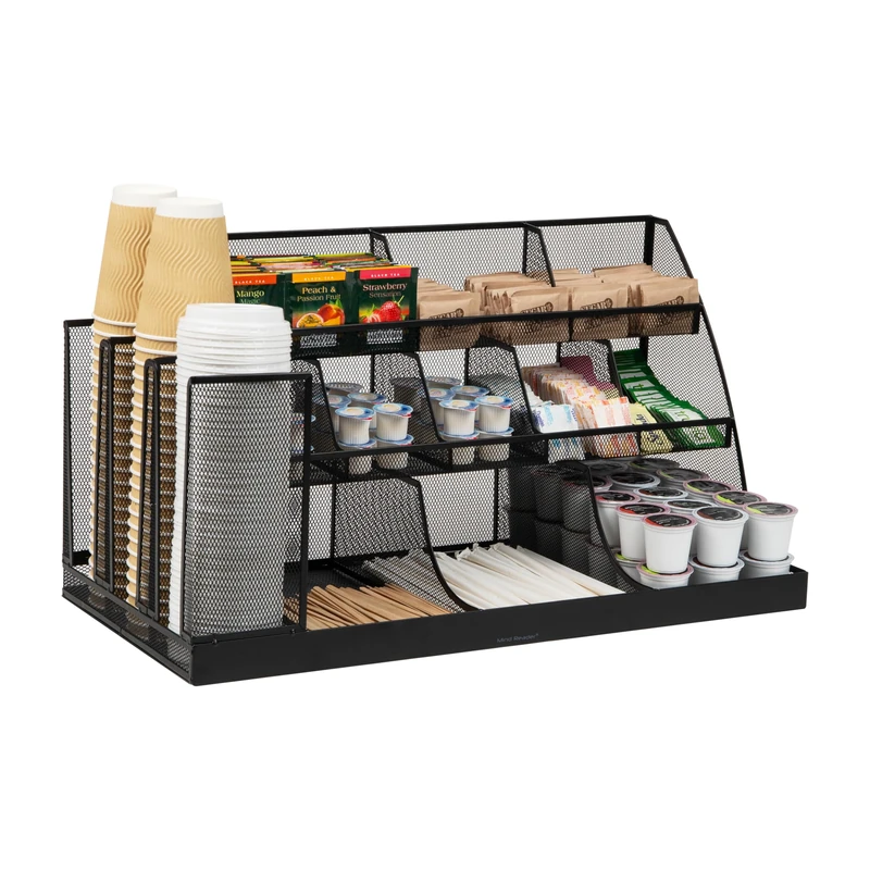 Mind Reader CMG2MESH-BLK 14-Compartment Coffee Cup and Condiment Countertop Organizer, Metal Mesh, 23.75" L x 11.5" W x 12.5" H, Black - Image 1