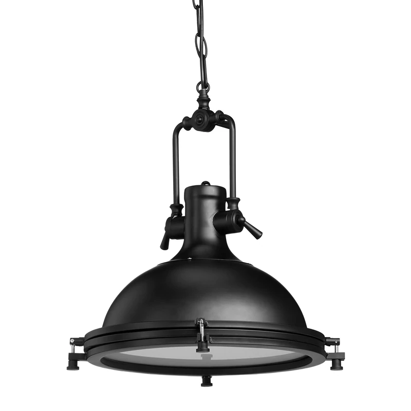 Relaxdays Industrial Iron Hanging Lamp, Round Frosted Glass Pendant Light, Painted Ceiling Lamp, Black