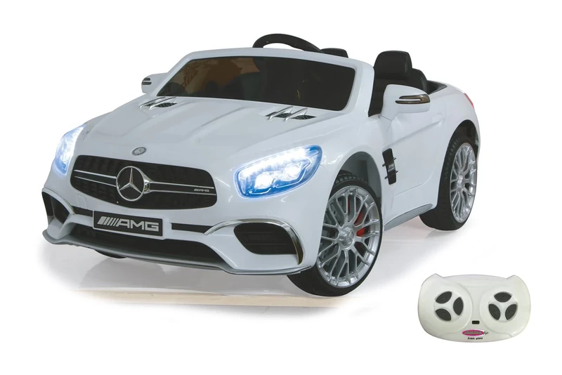 Jamara 460296 – Ride-on Mercedes SL65 White 12V – Soft Start, 2-Speed, Ultra-Grip Rubber Belt, Shock Absorber, Aux & USB Port, LED, 2 Powerful Drive Motors and Battery for Long Drive Time Up to 90 min