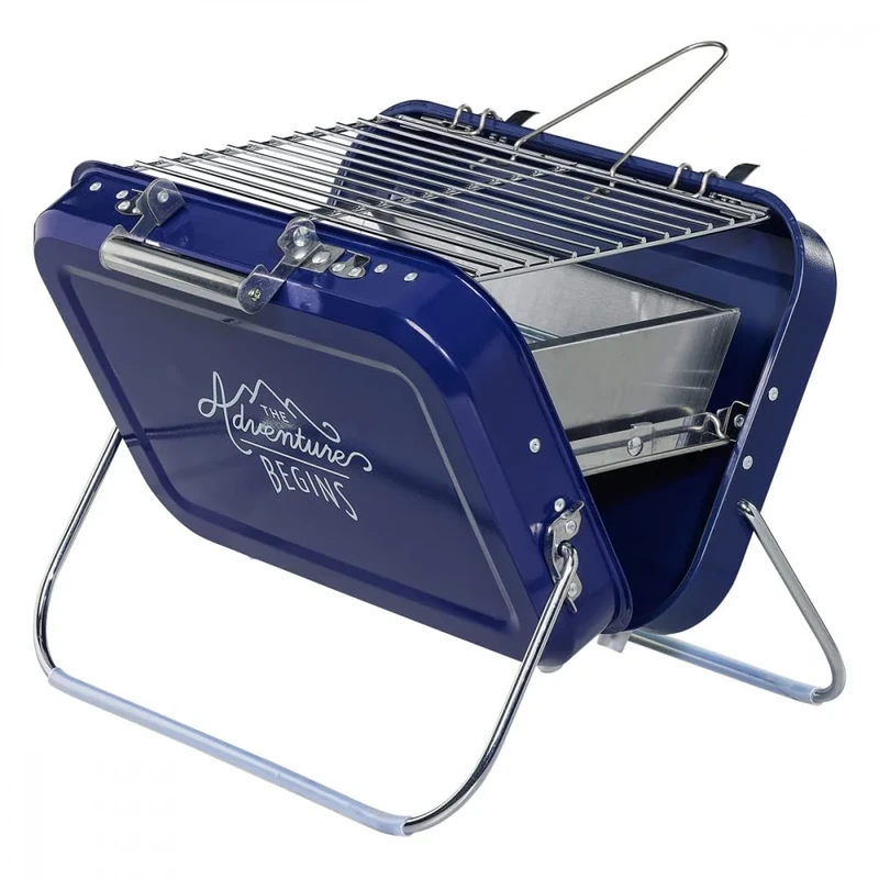 Gentlemen's Hardware Portable BBQ, Lightweight Suitcase-Style in Stainless Steel, Colour: Navy/Blue, 32 x 31.5 x 40 cm, GEN253. Grill and Coal Tray included.