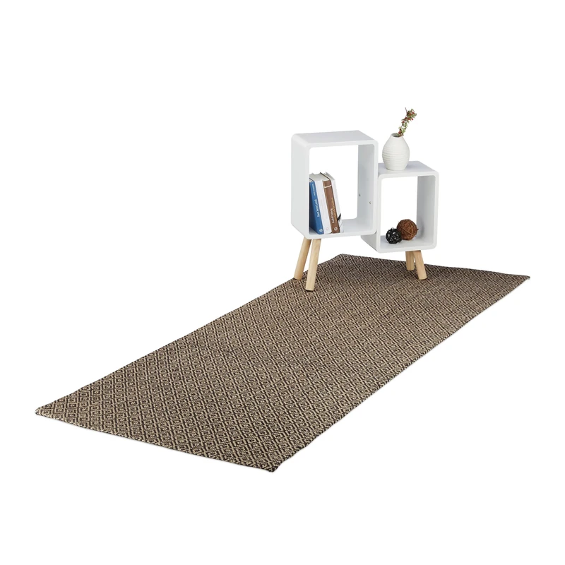 Relaxdays Carpet Runner with Diamond Pattern, Jute Handmade Kitchen Rug, 80x200 cm, Natural/Black