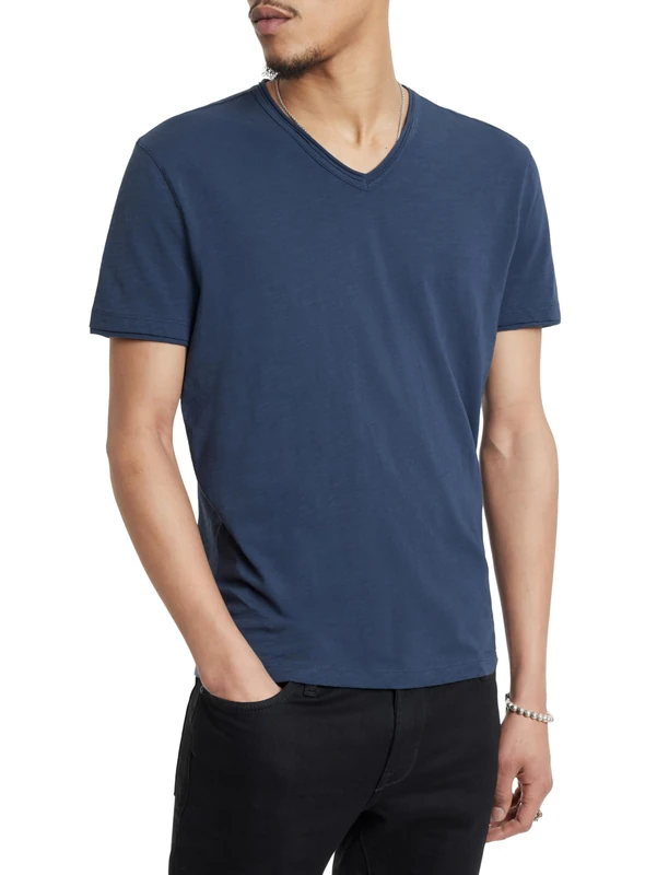 John Varvatos Star USA Men's Short Sleeve SLUB V-Neck with Cut RAW Edge T-Shirt, Oiled Blue, Large - Image 1